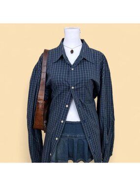 y2k blue plaid preppy indie skater oversized button up shirt